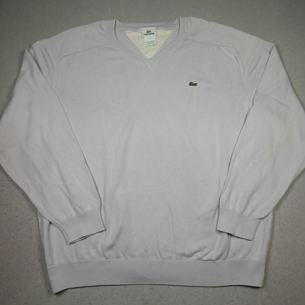 Lacoste Sweater Mens 2XL White V-Neck Cotton Pullover Lightweight Logo